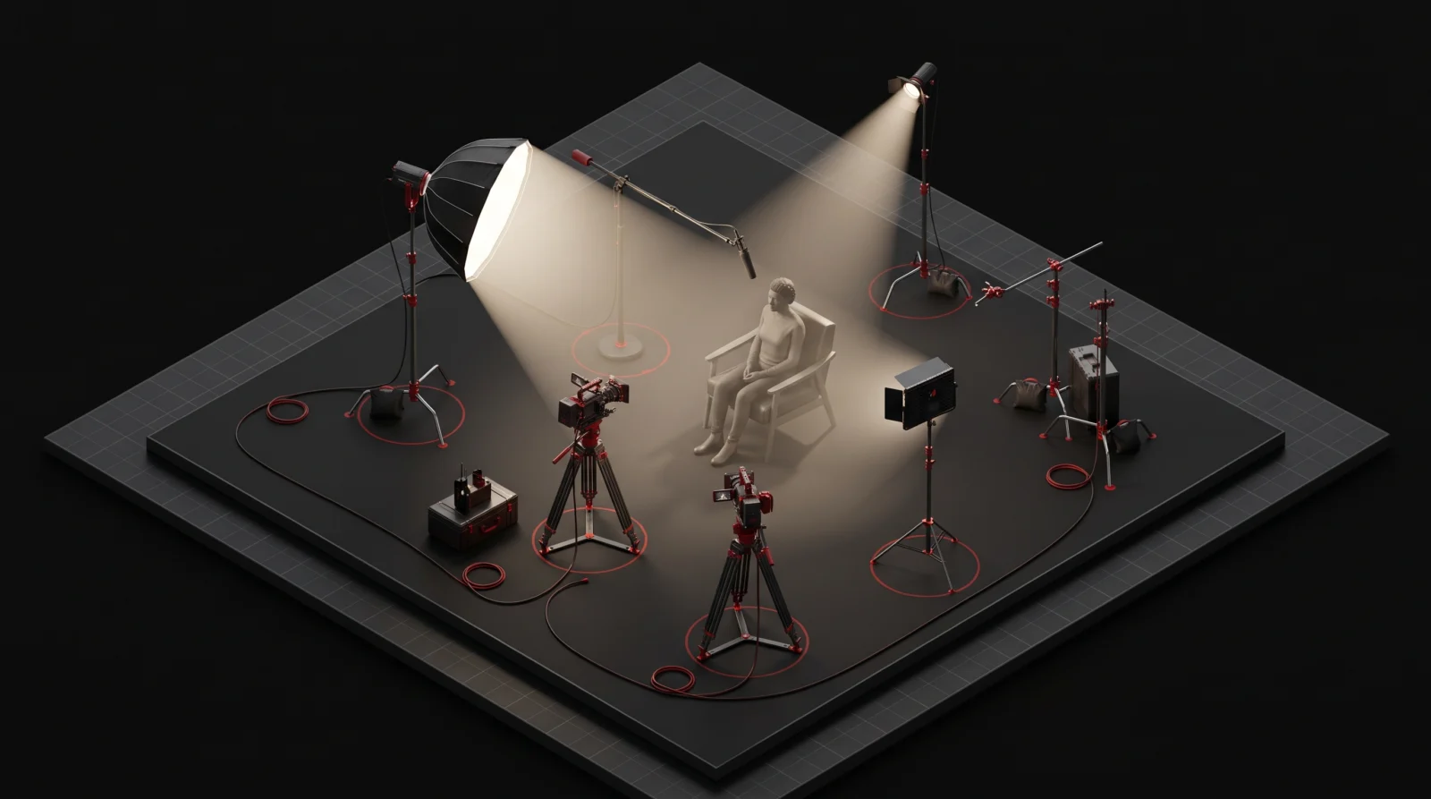 Klassisches Interview-Setup: Hauptlicht, Aufhellung, Hinterlicht und zwei Kameras.